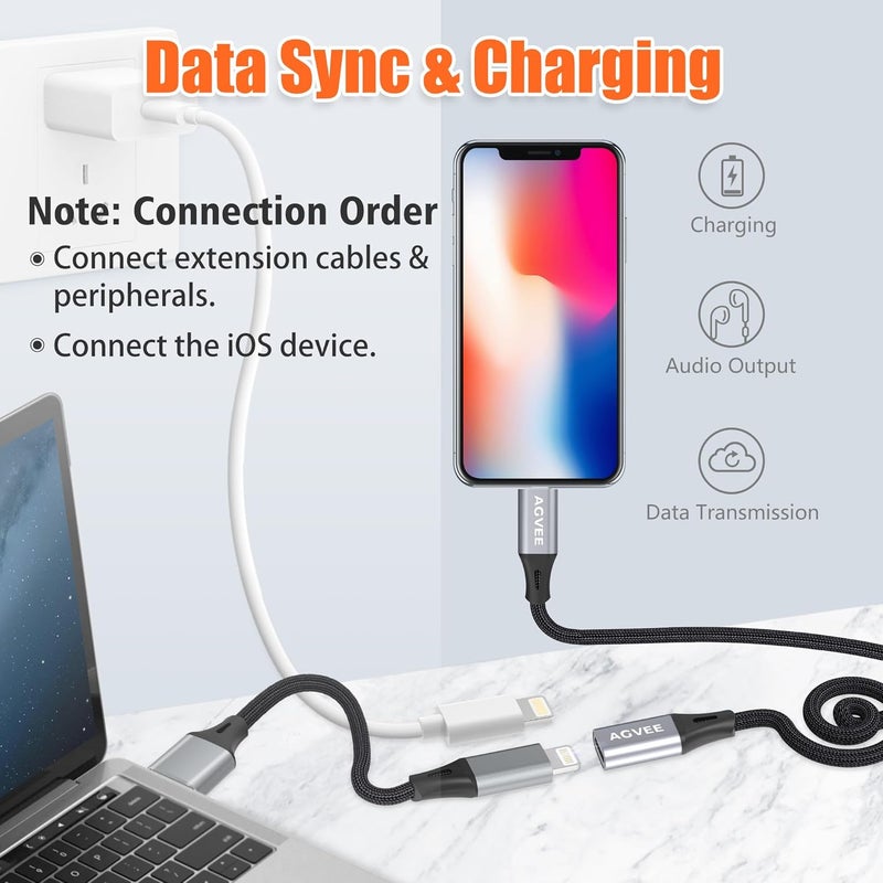 AGVEE 2 Pack 4 inch Lightning Extension Cable, Braided Female to Male Extender Full Function Cord Compatible with iPhone iPad, Data Sync Video Audio & Charging Connector Adapter, Dark Gray - Image 3